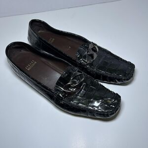 Stuart Weitzman Loafer Shoes Women's Size 9 Green Patent Croc Chain Narrow